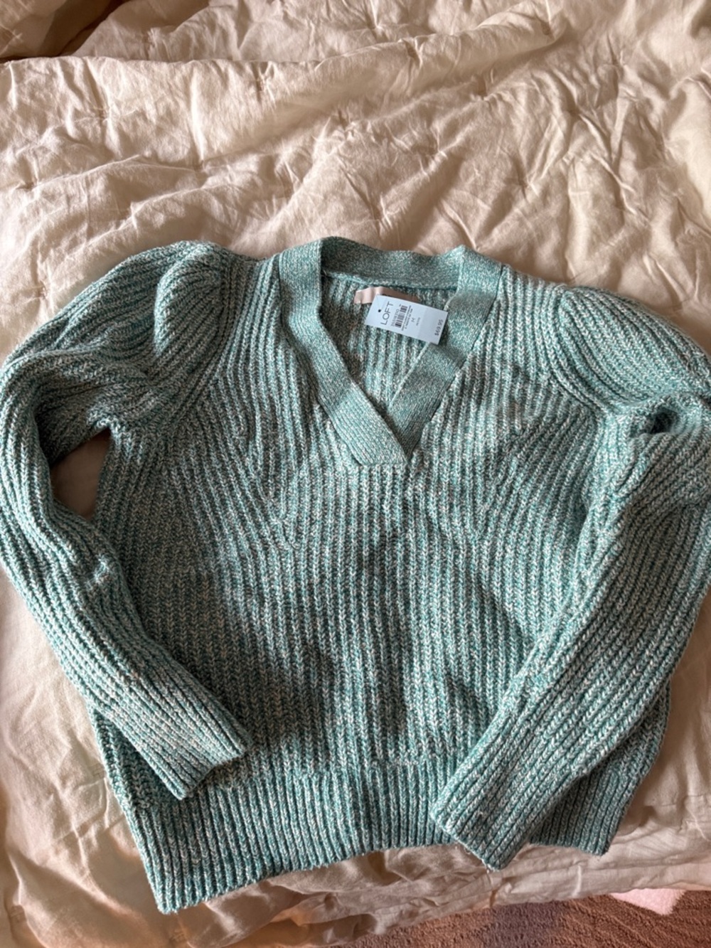 LOFT Mint Green Ribbed V-Neck Sweater